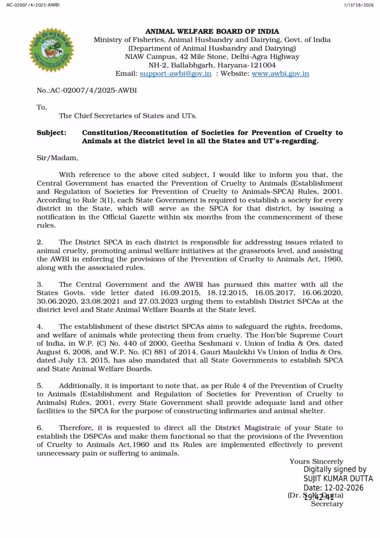 Page 1 of Constitution/Reconstitution of Societies for Prevention of Cruelty to Animals at the district level in all the States and UTs dated 12.02.2026