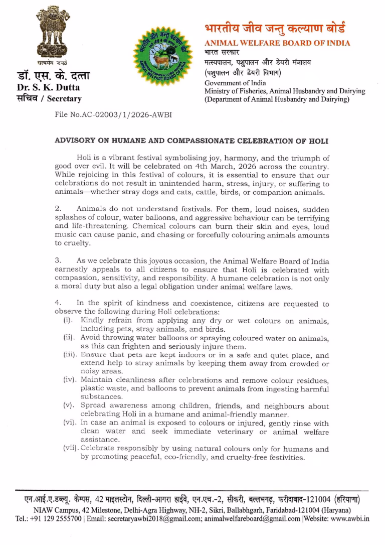 Page 1 of Advisory on Humane and Compassionate Celebration of Holi