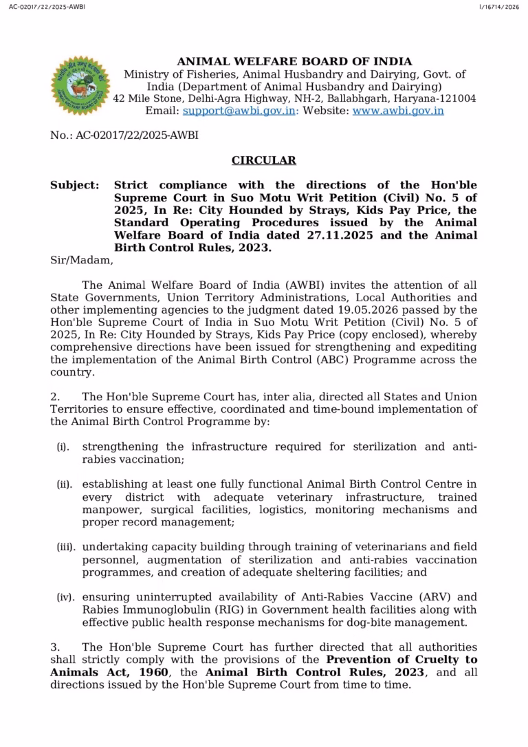 Page 1 of Strict compliance with the directions of the Hon’ble Supreme Court in Suo Motu Writ Petition (Civil) No. 5 of 2025, In Re: City Hounded by Strays, Kids Pay Price, the Standard Operating Procedures issued by the Animal Welfare Board of India dated 27.11.2025 and the Animal Birth Control Rules, 2023.