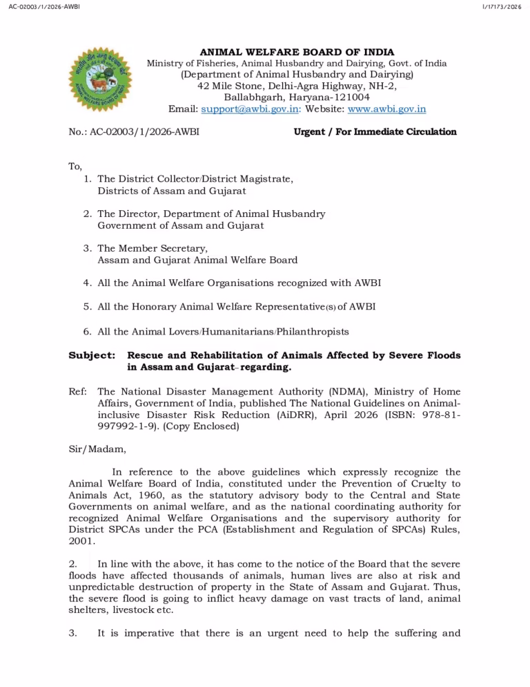 Page 1 of Advisory on Rescue and Rehabilitation of Animals Affected by Severe Floods in Assam and Gujarat dated – 11.08.2026