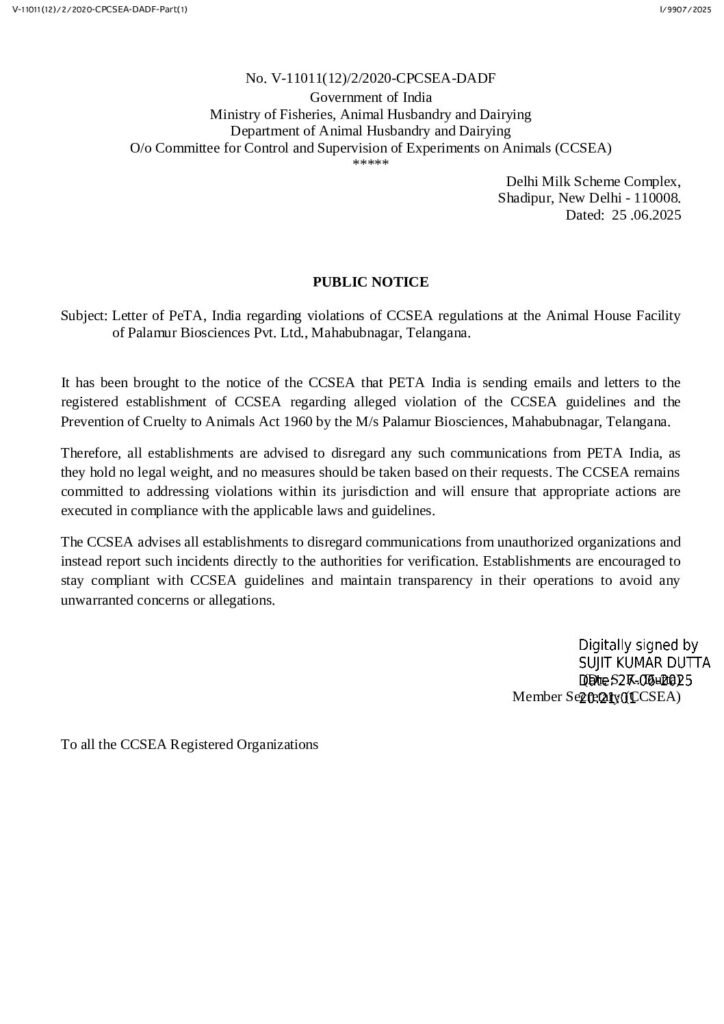 CCSEA Public Notice on letters of PETA India about Palamur Biosciences (25 June 2025)