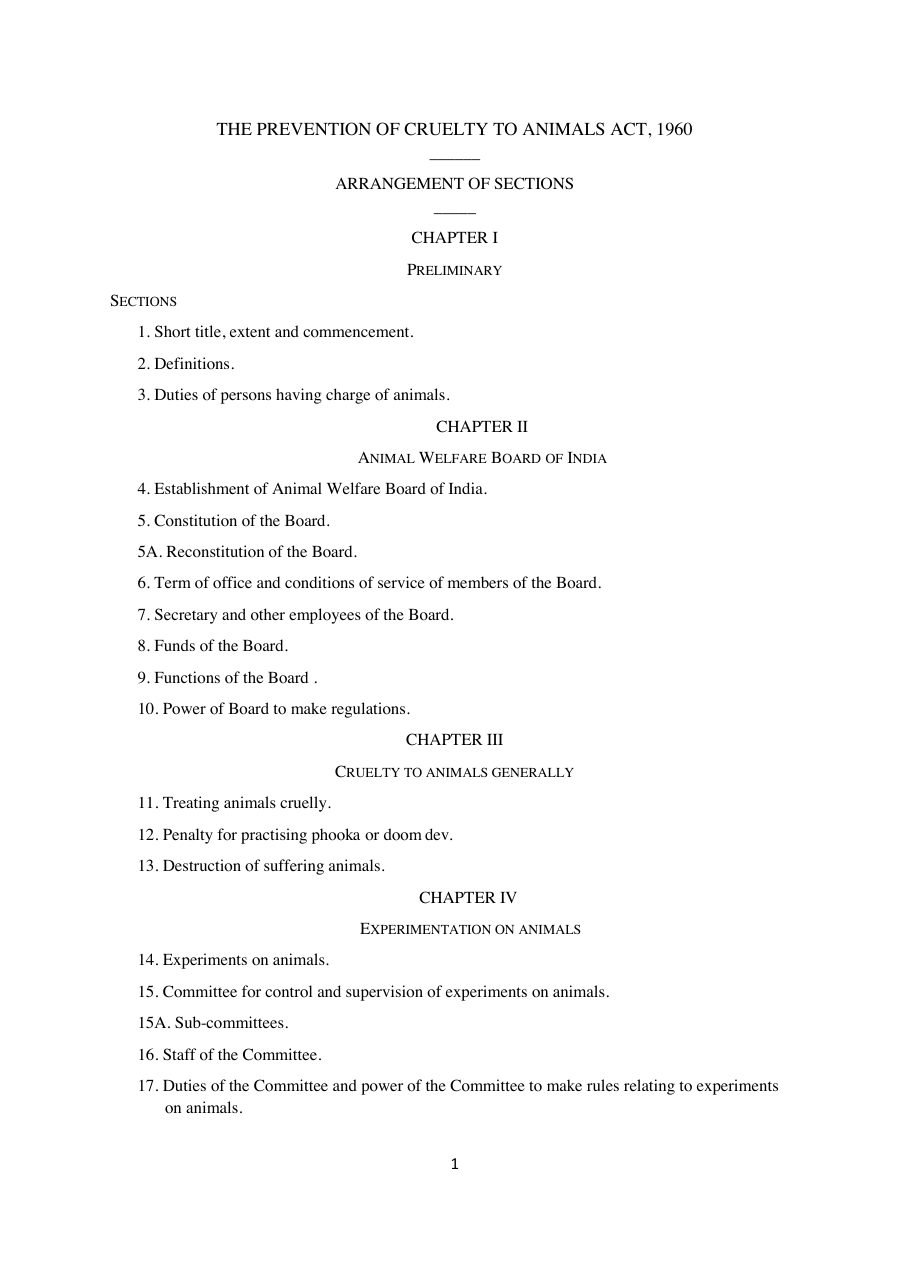 First page of The Prevention of Cruelty to Animals Act, 1960 (as amended in 1982)