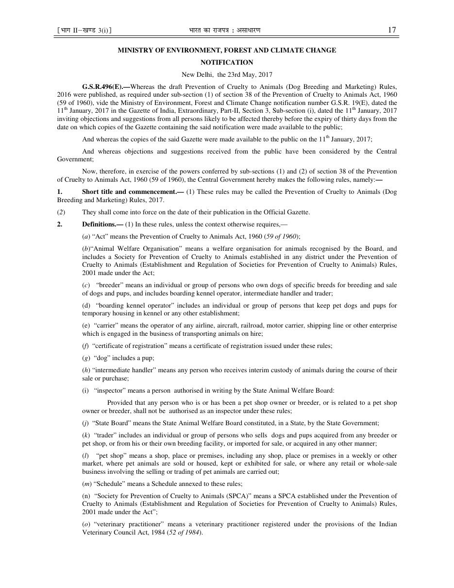 The Prevention of Cruelty to Animals (Dog Breeding and Marketing) Rules, 2017
