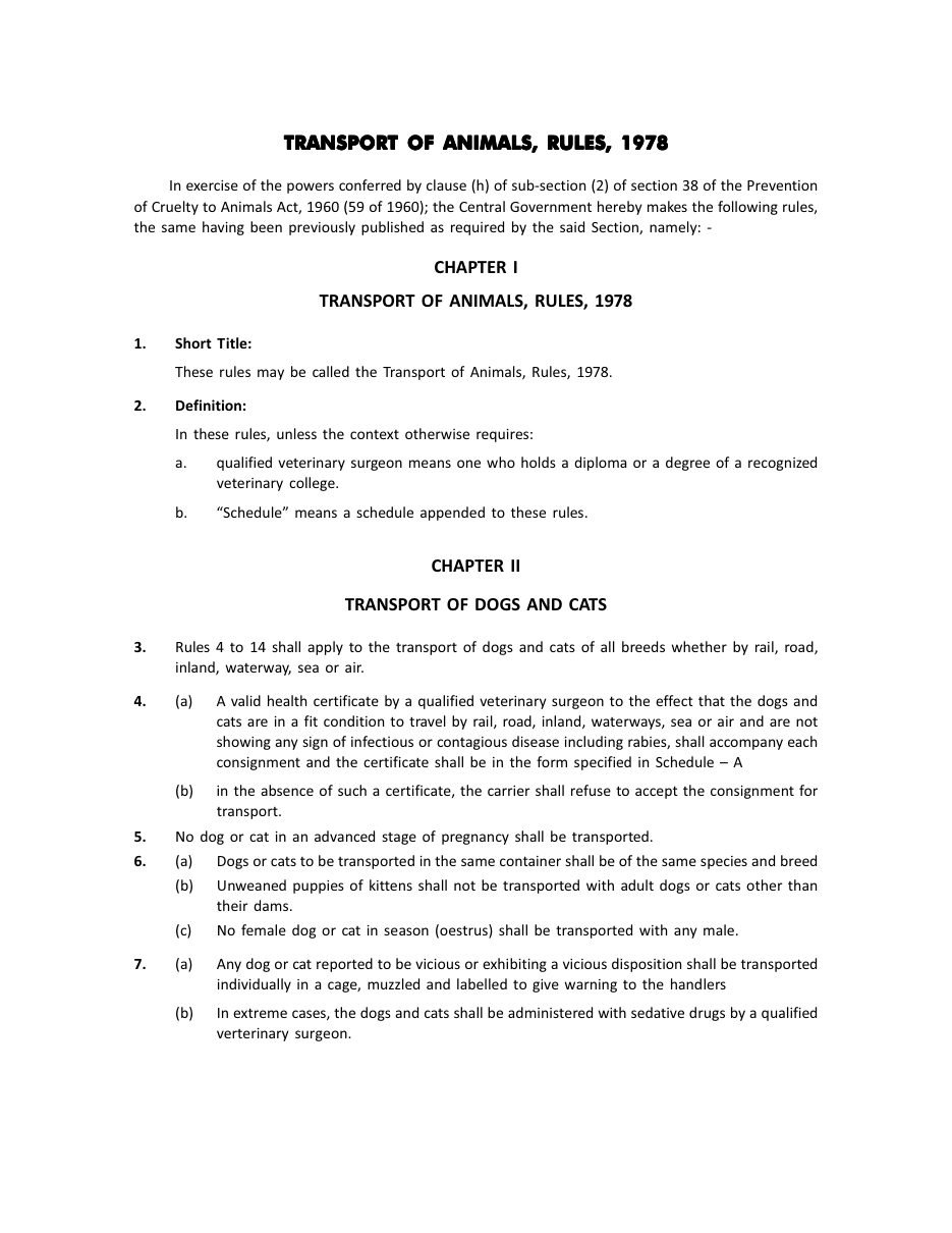 First page of The Transport of Animals Rules, 1978
