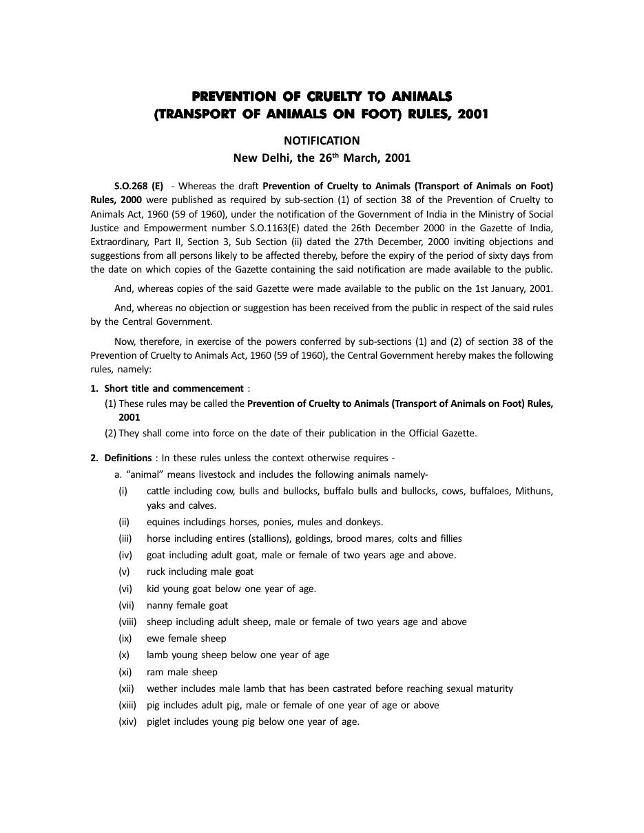 First page of Prevention of Cruelty to Animals (Transport of Animals on Foot) Rules, 2001