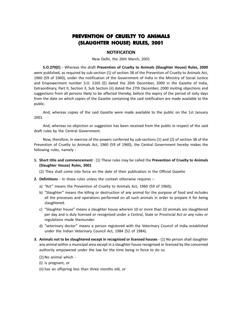 First page of Prevention of Cruelty to Animals (Slaughter House) Rules, 2001