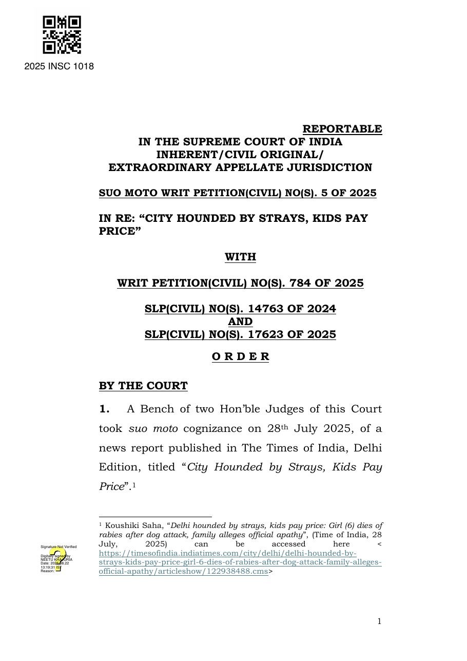 First page of Supreme Court judgment of 22 August 2025 on community dogs (2025 INSC 1018)