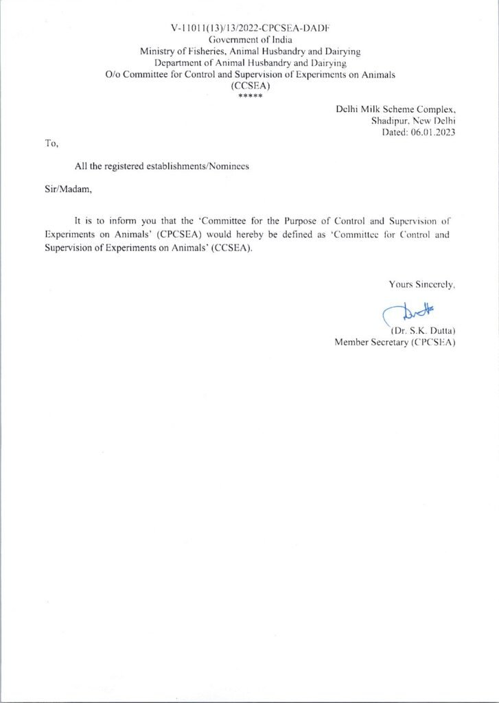 CPCSEA to be called CCSEA: letter to registered establishments (6 January 2023)