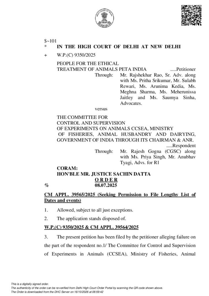 Delhi High Court order of 8 July 2025 in PETA India v. CCSEA (Palamur Biosciences), W.P.(C) 9350/2025